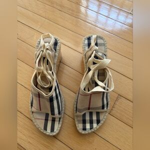 Burberry Beige Plaid Lace-Up Espadrille Sandals